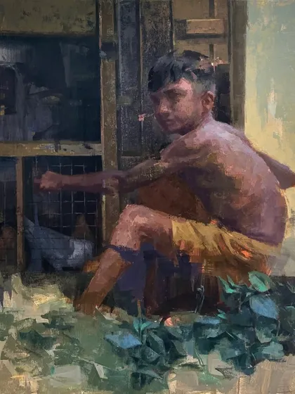 Titled "HOPE II," this piece was painted live during a monsoon art camp. It moves beyond a simple portrait to tell a story, reflecting on childhood and resilience. The setting and atmosphere of a live event always find their way into the final artwork.