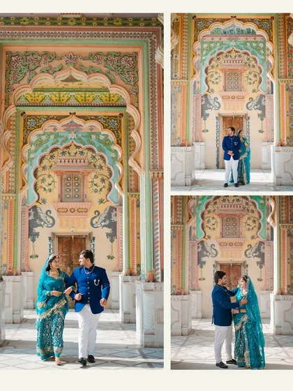 A collage of Gaurav and Priya at Patrika Gate, dressed in beautiful Rajputi attire that complements the traditional art of the location.