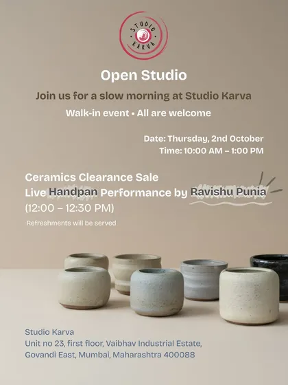 Our invitation for an Open Studio event, where we welcome everyone to walk in, explore the space, enjoy live music, and purchase handmade ceramics at special prices. These events are all about connection.