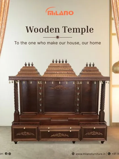 Another look at our intricately carved wooden temple. We design these pieces to be the spiritual heart of the home, combining traditional craftsmanship with functionality.