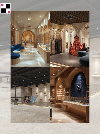 This collage highlights the variety in my commercial design work. From arched entryways in a boutique to modern, industrial-inspired showrooms, each space is crafted to elevate a brand's lifestyle and personality.