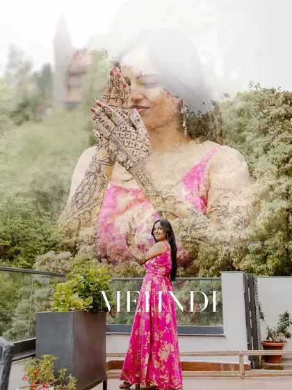 A creative double exposure for a Mehendi ceremony, overlaying a close-up of the bride's henna-adorned hands with her portrait against a lush green background.