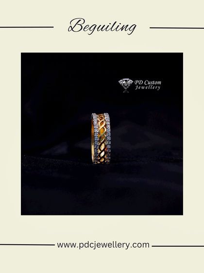 This diamond band features an intricate, braided design woven into the 18kt hallmarked gold. It's a unique and beguiling piece that combines classic materials with detailed craftsmanship for a truly special ring.