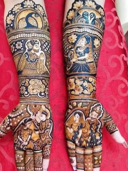 A vibrant and detailed design showing multiple scenes. The palms depict the couple in different poses, while the forearms feature portraits of the bride and groom with peacock motifs, all done with sharp, clean lines.