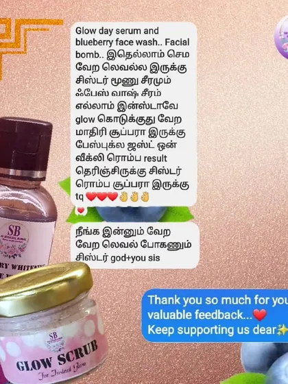 This detailed feedback shows how a combination of my Glow Day Serum, Blueberry Face Wash, and Facial Bomb gives an instant glow. I love hearing about your weekly routines.