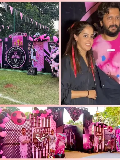 A collage from a football-themed party for Riteish Deshmukh and Genelia's sons, showcasing the sporty pink and black decor and the happy celebrity couple.