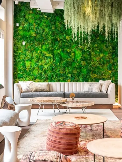 This is an example of a preserved moss wall we installed in a corporate lounge area. These living walls provide a stunning visual impact and improve room acoustics, all with minimal maintenance requirements, making them ideal for commercial interior design.
