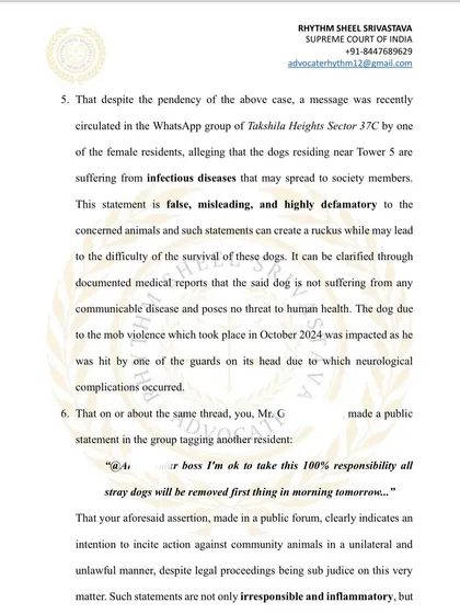 This part of the notice addresses false and defamatory statements made about community dogs, clarifying that such misinformation is inflammatory and illegal, especially when a related case is already sub judice.