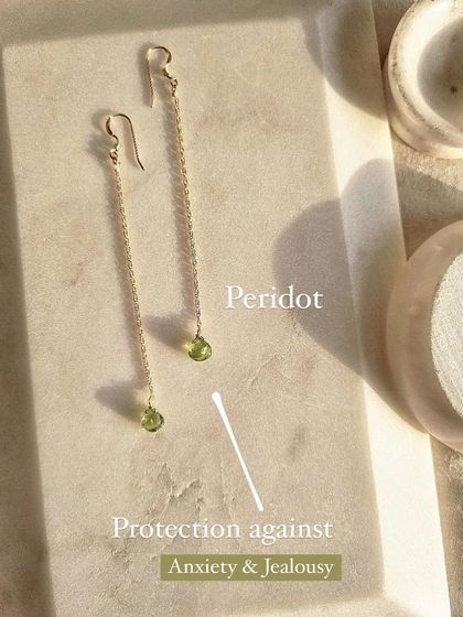My Peridot heart-shaped drop earrings offer protection against anxiety and jealousy. They open the heart to joy and new relationships.