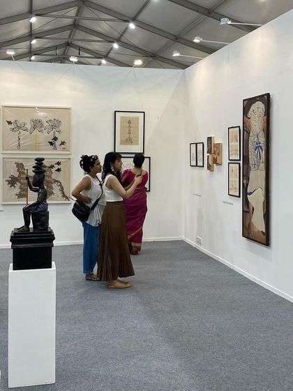 A wide shot of the last day at Art Mumbai, showing the sustained interest in our booth.
