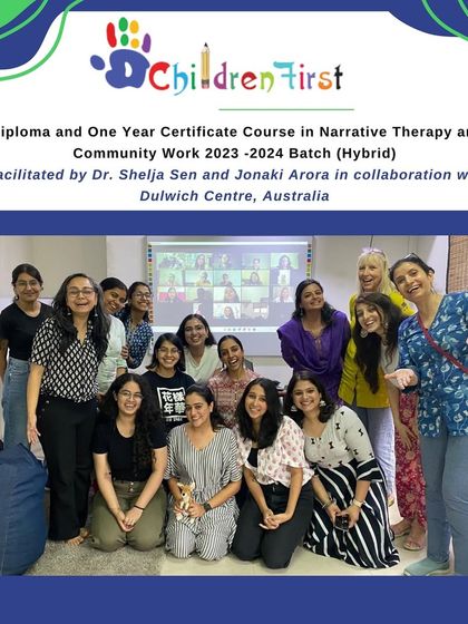 A glimpse from our 2023-2024 hybrid batch of the Diploma in Narrative Therapy. This photo shows our participants and facilitators, including Dr. Shelja Sen, during an engaging session.