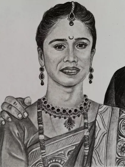 A detailed close-up of the bride from the previous sketch. This highlights the intricate jewelry and the traditional bindi, all rendered carefully with graphite pencils.
