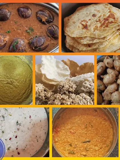 A customized lunch delivered for an office meeting. The menu featured a North Karnataka thali with Chapati, Ennegayi, Hirekayi Chutney, Bisibelebhath, Bonda, and Curd Rice, all packed in traditional tiffin carriers.