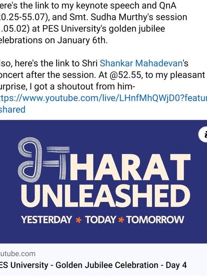The link to my keynote speech at PES University's golden jubilee celebrations. The event, "Bharat Unleashed," was a fantastic platform to interact with thousands of bright students.