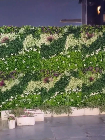 This large, custom patterned artificial vertical garden was installed at the famous Hawai Adda in Murthal. The design adds a dynamic and natural element to the restaurant's exterior.