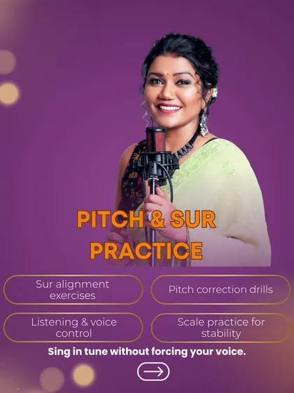 Hitting the right notes consistently is a science. This graphic details our focus on 'sur' alignment exercises and pitch correction drills, which are essential for singing in tune without forcing your voice.