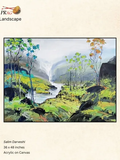 An impressionistic landscape by Salim Darveshi, where a waterfall and river are rendered with energetic brushstrokes and a fresh, vivid palette.