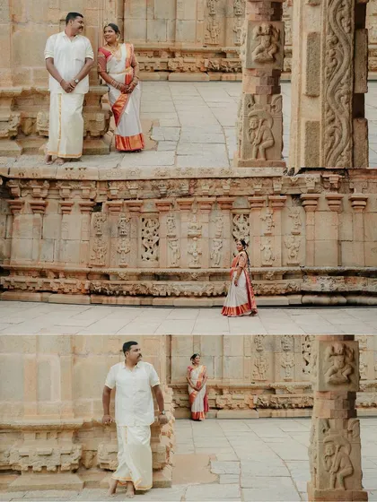 A collage showing the couple in various poses within the temple grounds. This demonstrates how I use the space to create a variety of shots, from wide environmental portraits to more focused individual moments.