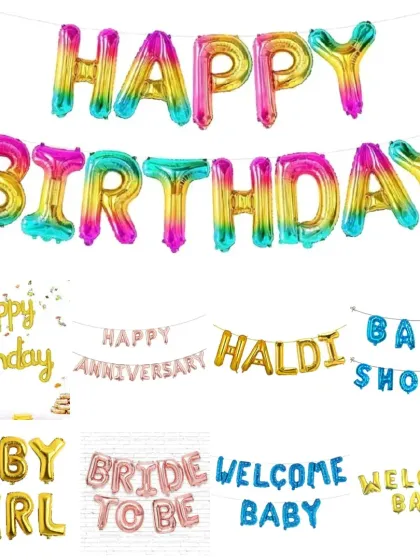 A selection of foil letter banners for different celebrations like 'Happy Birthday', 'Baby Shower', and 'Bride to Be'.