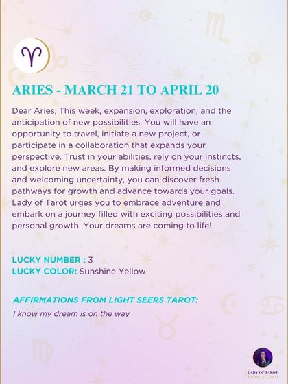 A weekly forecast for Aries about expansion, exploration, and new possibilities. This reading urges you to embrace adventure and embark on a journey filled with personal growth.