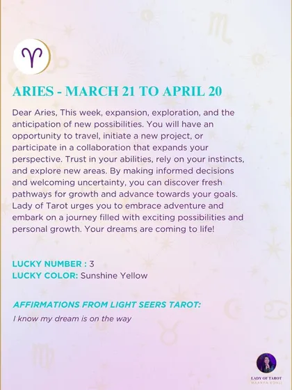 This week's tarot guidance for Aries. The reading points to expansion, exploration, and the anticipation of new possibilities. Your dreams are coming to life.