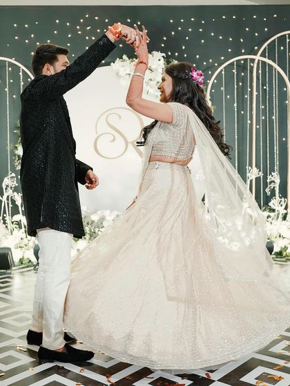 Sukriti and Rahul "dancing their way to forever" at their Sangeet. We designed a modern, chic backdrop with their monogram and geometric patterns, perfect for this stylish couple's celebration.