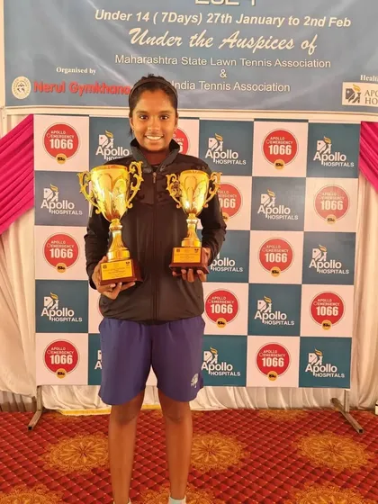 Tamanna Nair with her trophies for winning the U-14 Singles and finishing as Doubles Runner-up at the All India Championship Series in Nerul.