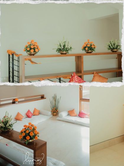 A collage of the interior decor for the housewarming, with low seating and vibrant orange cushions.