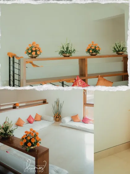 A collage of the interior decor for the housewarming, with low seating and vibrant orange cushions.
