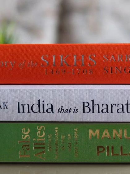 My book 'India that is Bharat' stacked alongside other important works on Indian history. Reading widely is essential to form a comprehensive understanding of our past.