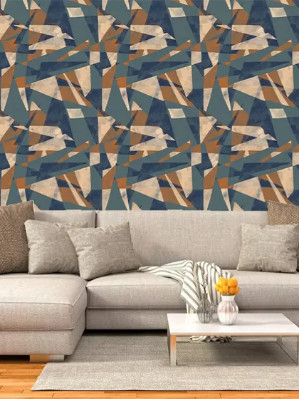 This abstract geometric design uses sharp angles and a sophisticated color palette of navy, beige, and rust to create a bold and artistic statement. It's a perfect choice for a contemporary living space.