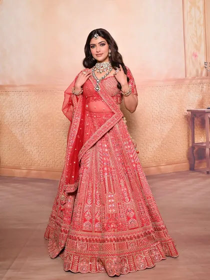 The complete bridal look, showcasing the intricate lehenga and how the makeup and hair tie it all together. This is what you'll learn to create.