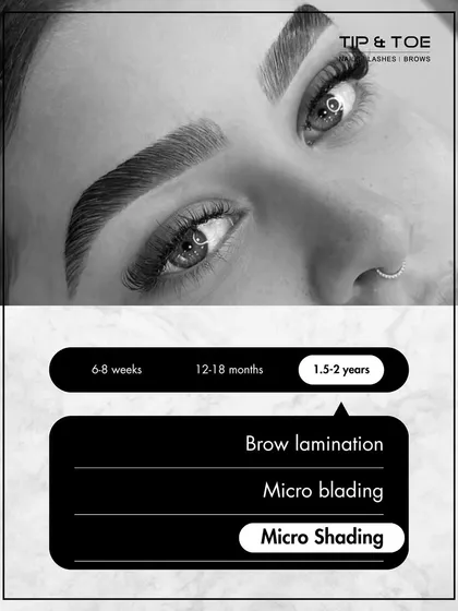 If you're looking for a longer-lasting brow solution, microshading is an excellent choice, with results lasting 1.5 to 2 years. It provides a beautiful, soft finish that stays put.