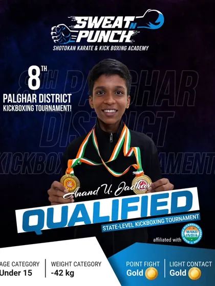 Anand U. Jadhav dominated the Under 15 category, winning gold in both his events. His performance highlights the effectiveness of our competitive kickboxing coaching.