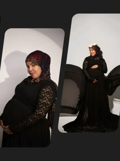 A beautiful collage of a maternity session with a client wearing a hijab. It showcases elegant poses in a black gown, celebrating her beauty and faith.