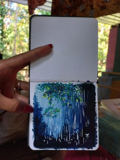 "ಮೋಡ ಮುಸುಕಿರಲು, ಬಾನಲಿ ಶುರುವಾಗಿದೆ ಮಳೆ ಹನಿಗಳ ದಿಬ್ಬಣ..." An atmospheric acrylic painting of a rainy forest scene from my sketchbook, capturing the feeling of a monsoon day.