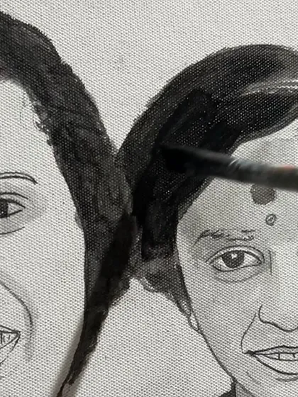 A close-up of the brushwork on the four-generation family portrait, highlighting the details in the faces.