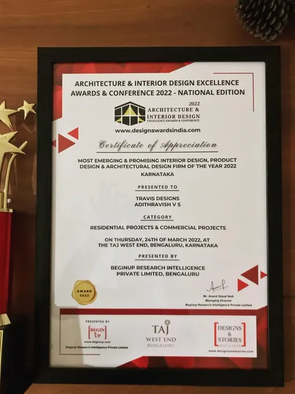 I was honored to be recognized as the 'Most Emerging & Promising Interior Design, Product Design & Architectural Design Firm of the Year 2022'. This award is a testament to my commitment to design excellence and the trust my clients place in me.