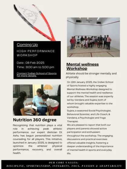My program is about total performance. This newsletter page gives you a snapshot of my 360-degree approach, covering our High Performance Workshops, the crucial Mental Wellness sessions I organize, and our 'Nutrition 360 degree' personalized counseling.