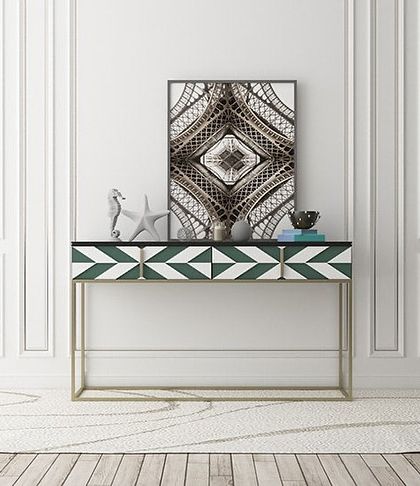 Make a statement with our bold geometric console table. The striking green and white pattern on the drawers, paired with a slim gold frame, brings a modern edge to this room.