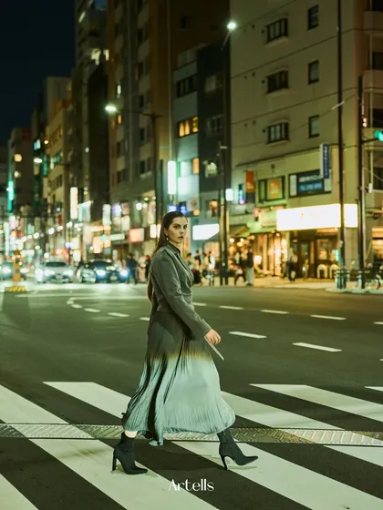 A motion shot on a Tokyo crosswalk at night. We used the existing city lights as our only source. The challenge is to find clean, usable light that doesn't create weird color casts, and this street delivered.