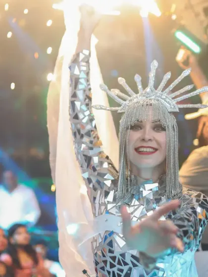 A costumed performer hyping up the crowd at Sin Q, Goa. My events often include professional entertainers to elevate the party experience.