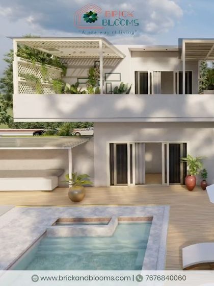 A view of the villa's ground floor, showing the seamless integration of the pool, wooden deck, and lawn. This design is all about creating a luxurious and relaxing resort-like feel at home.