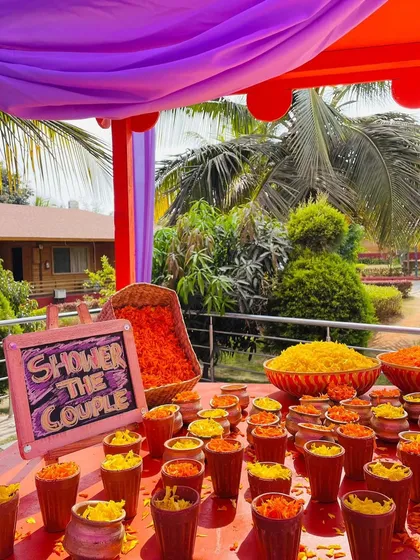 A close-up of the petal station, an inviting and colorful detail for the Haldi ceremony.