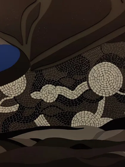 A close-up of the mosaic detailing on the 'Cognizance' canvas, where tiny tiles create swirling galaxies and stars.