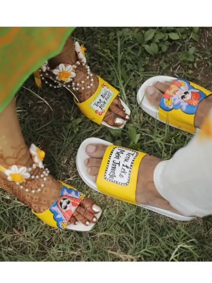 Even the feet can tell a story. This fun design for the bride and groom's footwear shows how we can extend the theme to every part of your wedding.