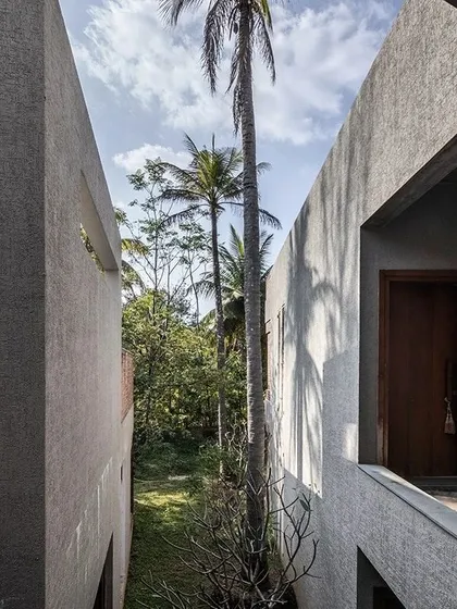 A narrow void between two concrete volumes at Anahaspa frames a view of the sky and a tall palm tree, turning a simple gap into a deliberate architectural moment.