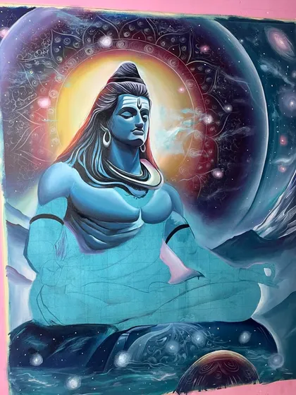 An in-progress shot of the large canvas. The background is mostly done, and I am starting to add details to Shiva's body.