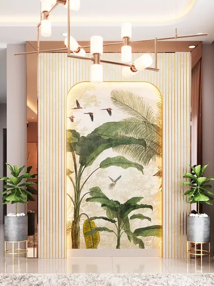 The first step into your home should be breathtaking. We designed this foyer with a custom, nature-inspired arched mural and fluted wall panels, complemented by a modern chandelier, to create a warm and unforgettable welcome.