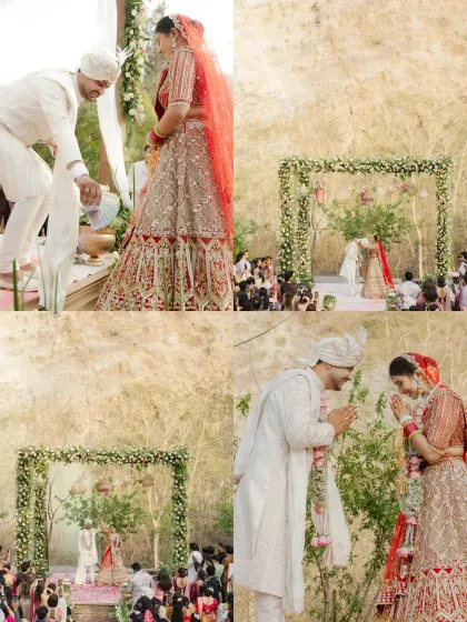 A collage of the sacred rituals at the mandap, set against a unique, natural rock-face backdrop.